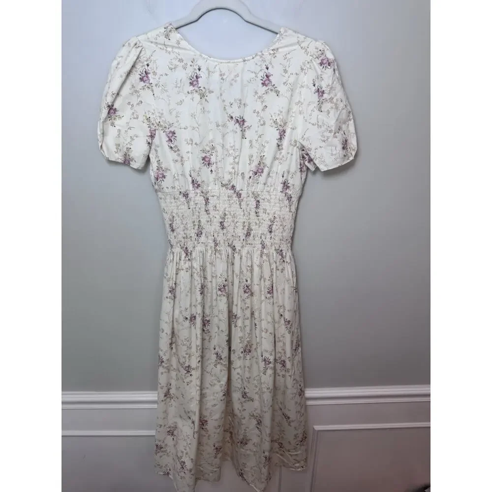 LoveShackFancy Cream Floral Midi Dress with Pink Bouquet Print - Picture 3 of 16